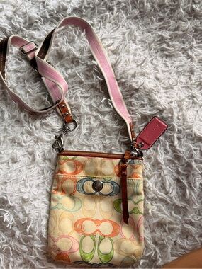 Coach Multicolor Signature Canvas Crossbody with Pink Strap